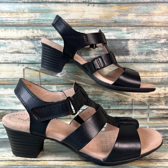 Clarks Shoes - Clarks Sandals Size 7.5M Valarie Kerry Black Leather Dress Work Comfort Open Toe